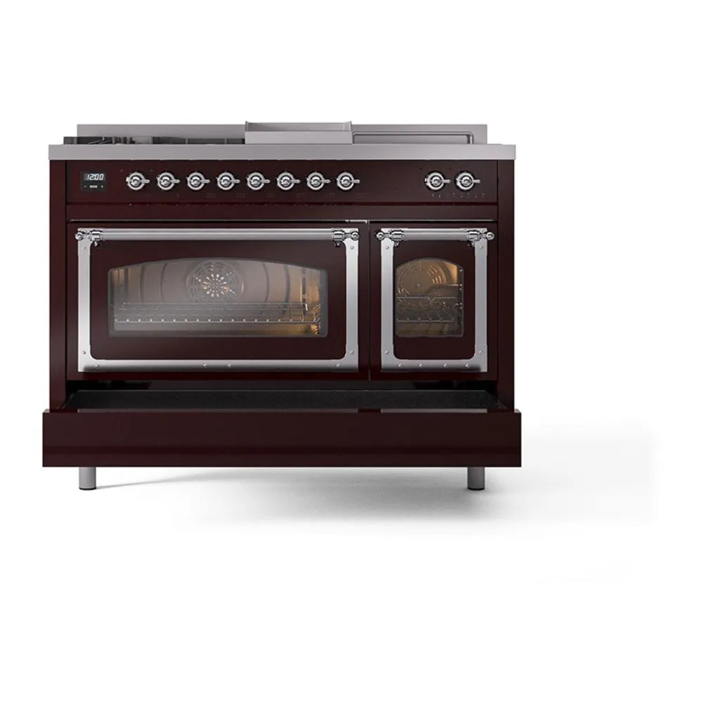 Ilve UN48FSNMPBUC Ilve Un48Fsnmpbuc Nostalgie Ii Noblesse 48" Dual Fuel Range (5 Sealed Burners   Griddle   French Top, Natural Gas, Triple Glass Door, Burgundy, Chrome)