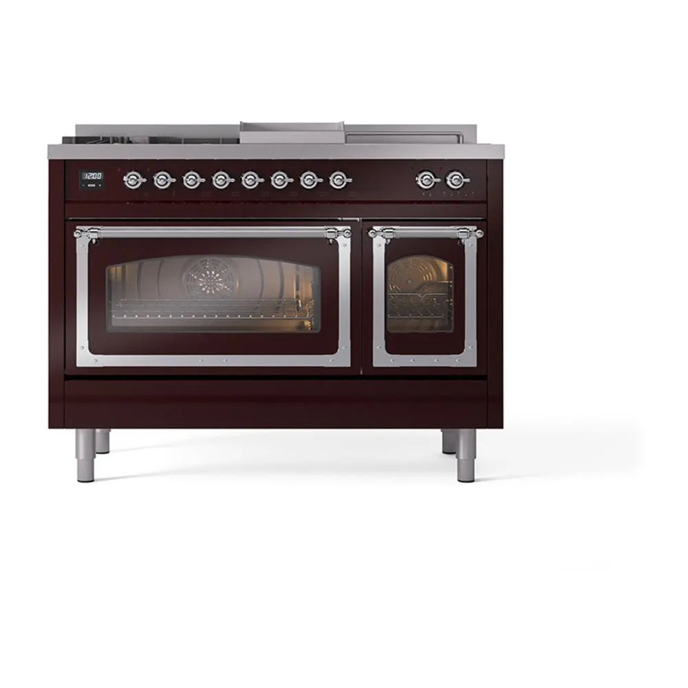 Ilve UN48FSNMPBUC Ilve Un48Fsnmpbuc Nostalgie Ii Noblesse 48" Dual Fuel Range (5 Sealed Burners   Griddle   French Top, Natural Gas, Triple Glass Door, Burgundy, Chrome)