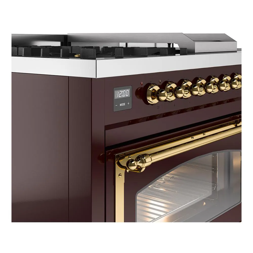 Ilve UN48FSNMPBUG Ilve Un48Fsnmpbug Nostalgie Ii Noblesse 48" Dual Fuel Range (5 Sealed Burners   Griddle   French Top, Natural Gas, Triple Glass Door, Burgundy, Brass)