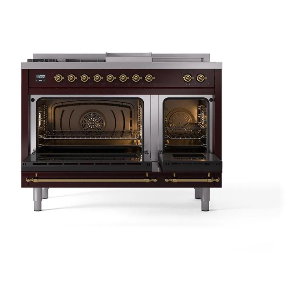 Ilve UN48FSNMPBUGLP Ilve Un48Fsnmpbuglp Nostalgie Ii Noblesse 48" Dual Fuel Range (5 Sealed Burners   Griddle   French Top, Liquid Propane, Triple Glass Door, Burgundy, Brass)