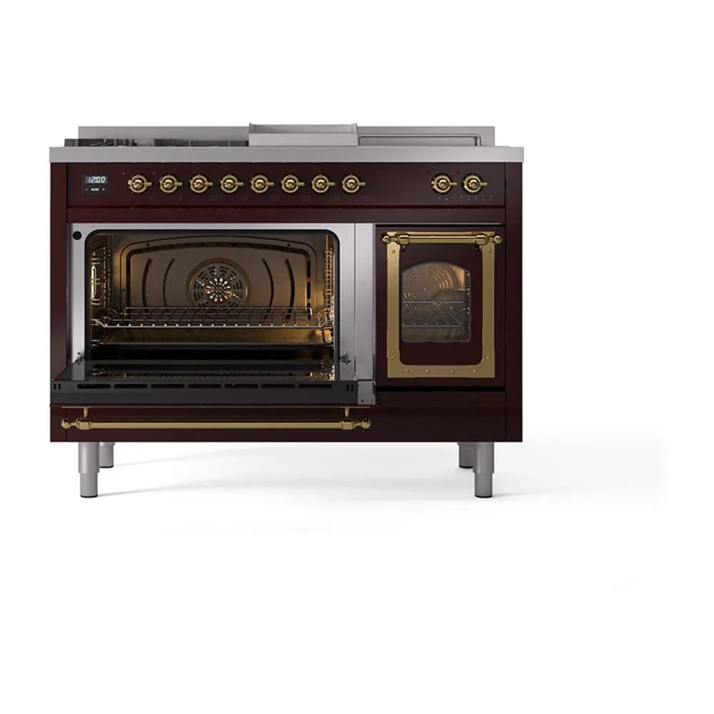 Ilve UN48FSNMPBUGLP Ilve Un48Fsnmpbuglp Nostalgie Ii Noblesse 48" Dual Fuel Range (5 Sealed Burners   Griddle   French Top, Liquid Propane, Triple Glass Door, Burgundy, Brass)