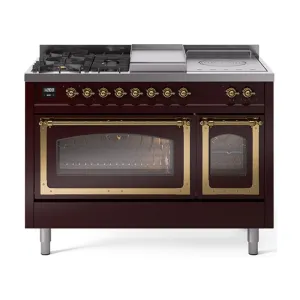 Ilve UN48FSNMPBUGLP Ilve Un48Fsnmpbuglp Nostalgie Ii Noblesse 48" Dual Fuel Range (5 Sealed Burners   Griddle   French Top, Liquid Propane, Triple Glass Door, Burgundy, Brass)