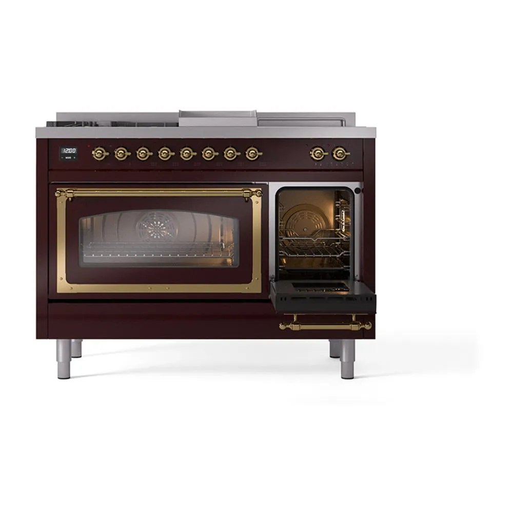 Ilve UN48FSNMPBUGLP Ilve Un48Fsnmpbuglp Nostalgie Ii Noblesse 48" Dual Fuel Range (5 Sealed Burners   Griddle   French Top, Liquid Propane, Triple Glass Door, Burgundy, Brass)