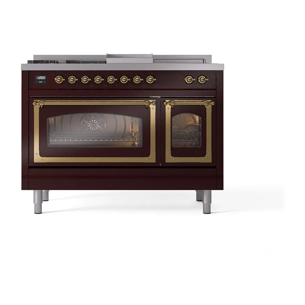 Ilve UN48FSNMPBUGLP Ilve Un48Fsnmpbuglp Nostalgie Ii Noblesse 48" Dual Fuel Range (5 Sealed Burners   Griddle   French Top, Liquid Propane, Triple Glass Door, Burgundy, Brass)