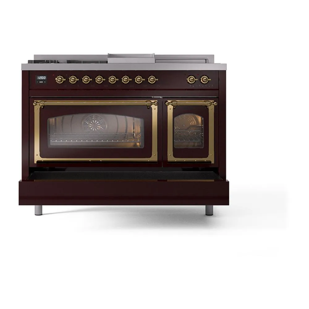 Ilve UN48FSNMPBUGLP Ilve Un48Fsnmpbuglp Nostalgie Ii Noblesse 48" Dual Fuel Range (5 Sealed Burners   Griddle   French Top, Liquid Propane, Triple Glass Door, Burgundy, Brass)