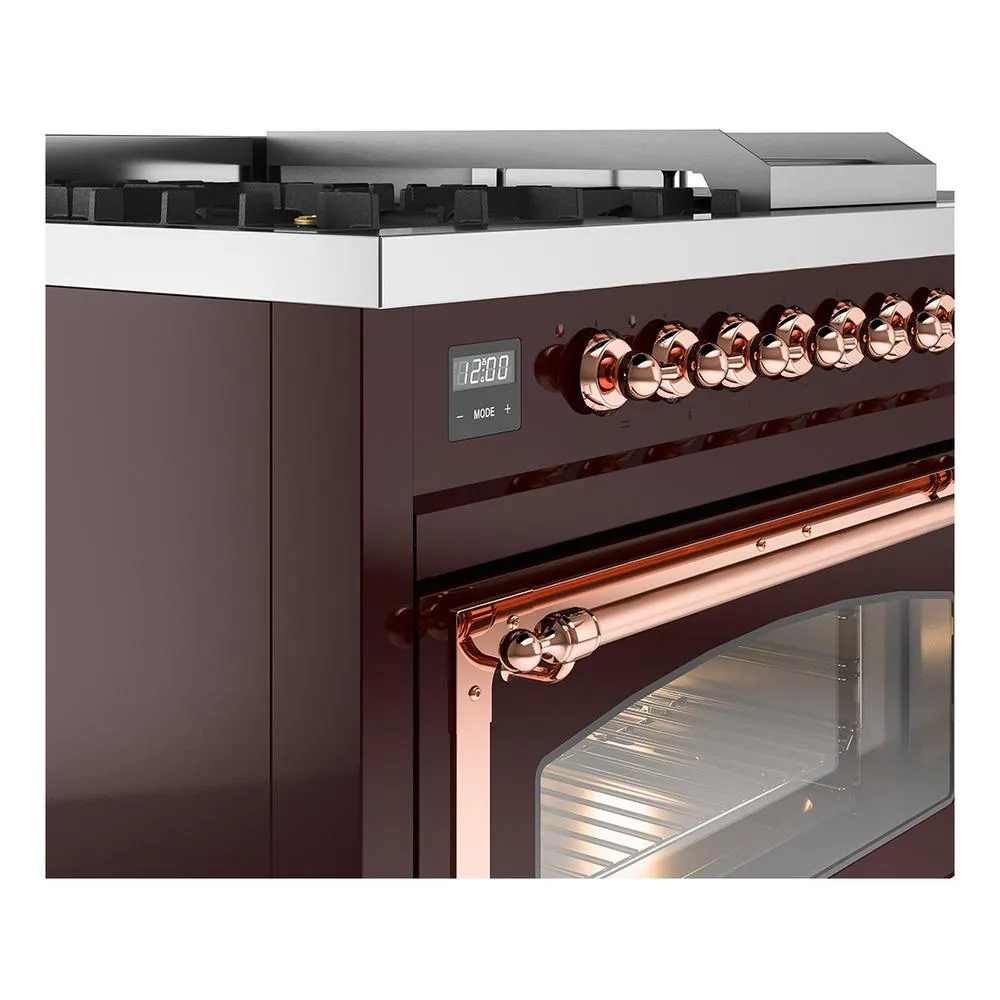 Ilve UN48FSNMPBUPLP Ilve Un48Fsnmpbuplp Nostalgie Ii Noblesse 48" Dual Fuel Range (5 Sealed Burners   Griddle   French Top, Liquid Propane, Triple Glass Door, Burgundy, Copper)