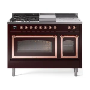 Ilve UN48FSNMPBUPLP Ilve Un48Fsnmpbuplp Nostalgie Ii Noblesse 48" Dual Fuel Range (5 Sealed Burners   Griddle   French Top, Liquid Propane, Triple Glass Door, Burgundy, Copper)