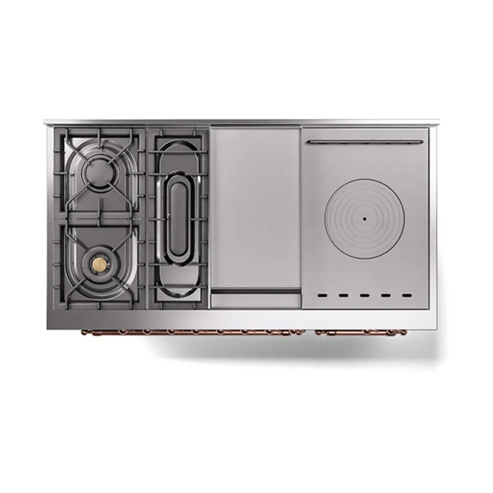 Ilve UN48FSNMPBUPLP Ilve Un48Fsnmpbuplp Nostalgie Ii Noblesse 48" Dual Fuel Range (5 Sealed Burners   Griddle   French Top, Liquid Propane, Triple Glass Door, Burgundy, Copper)