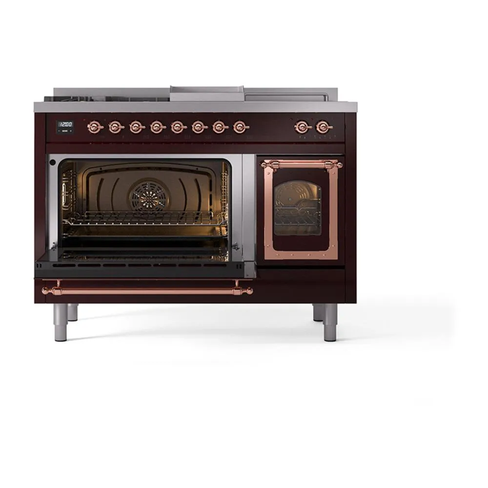 Ilve UN48FSNMPBUPLP Ilve Un48Fsnmpbuplp Nostalgie Ii Noblesse 48" Dual Fuel Range (5 Sealed Burners   Griddle   French Top, Liquid Propane, Triple Glass Door, Burgundy, Copper)