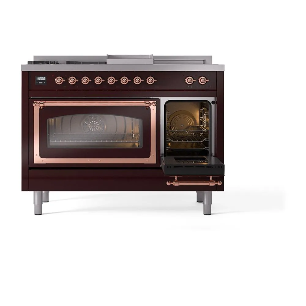 Ilve UN48FSNMPBUPLP Ilve Un48Fsnmpbuplp Nostalgie Ii Noblesse 48" Dual Fuel Range (5 Sealed Burners   Griddle   French Top, Liquid Propane, Triple Glass Door, Burgundy, Copper)