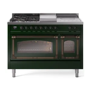 Ilve UN48FSNMPEGB Ilve Un48Fsnmpegb Nostalgie Ii Noblesse 48" Dual Fuel Range (5 Sealed Burners   Griddle   French Top, Natural Gas, Triple Glass Door, Emerald Green, Burnished)