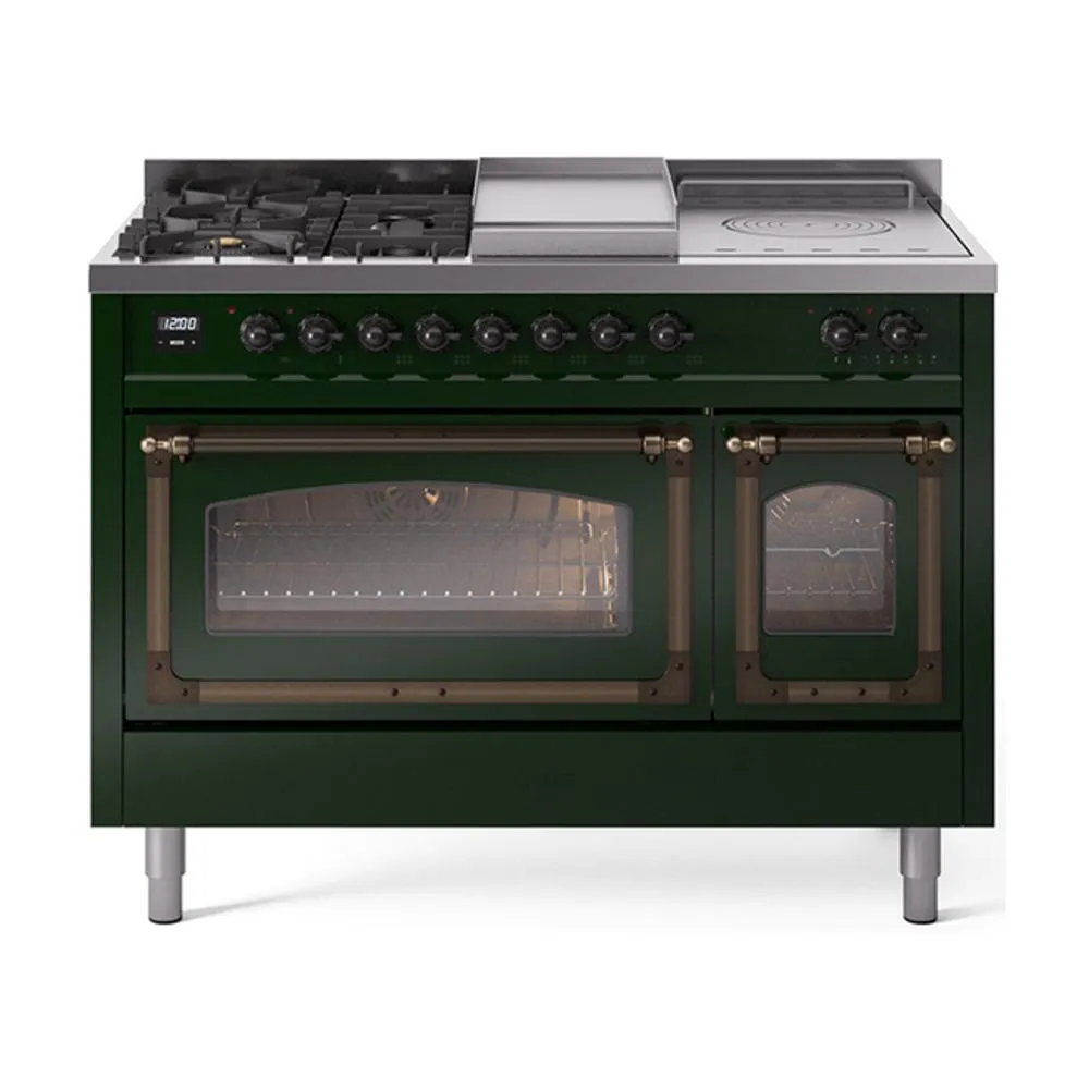 Ilve UN48FSNMPEGB Ilve Un48Fsnmpegb Nostalgie Ii Noblesse 48" Dual Fuel Range (5 Sealed Burners   Griddle   French Top, Natural Gas, Triple Glass Door, Emerald Green, Burnished)