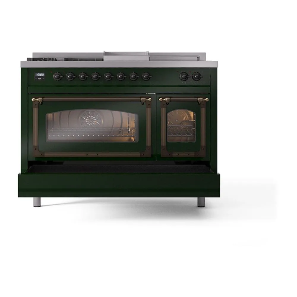 Ilve UN48FSNMPEGB Ilve Un48Fsnmpegb Nostalgie Ii Noblesse 48" Dual Fuel Range (5 Sealed Burners   Griddle   French Top, Natural Gas, Triple Glass Door, Emerald Green, Burnished)
