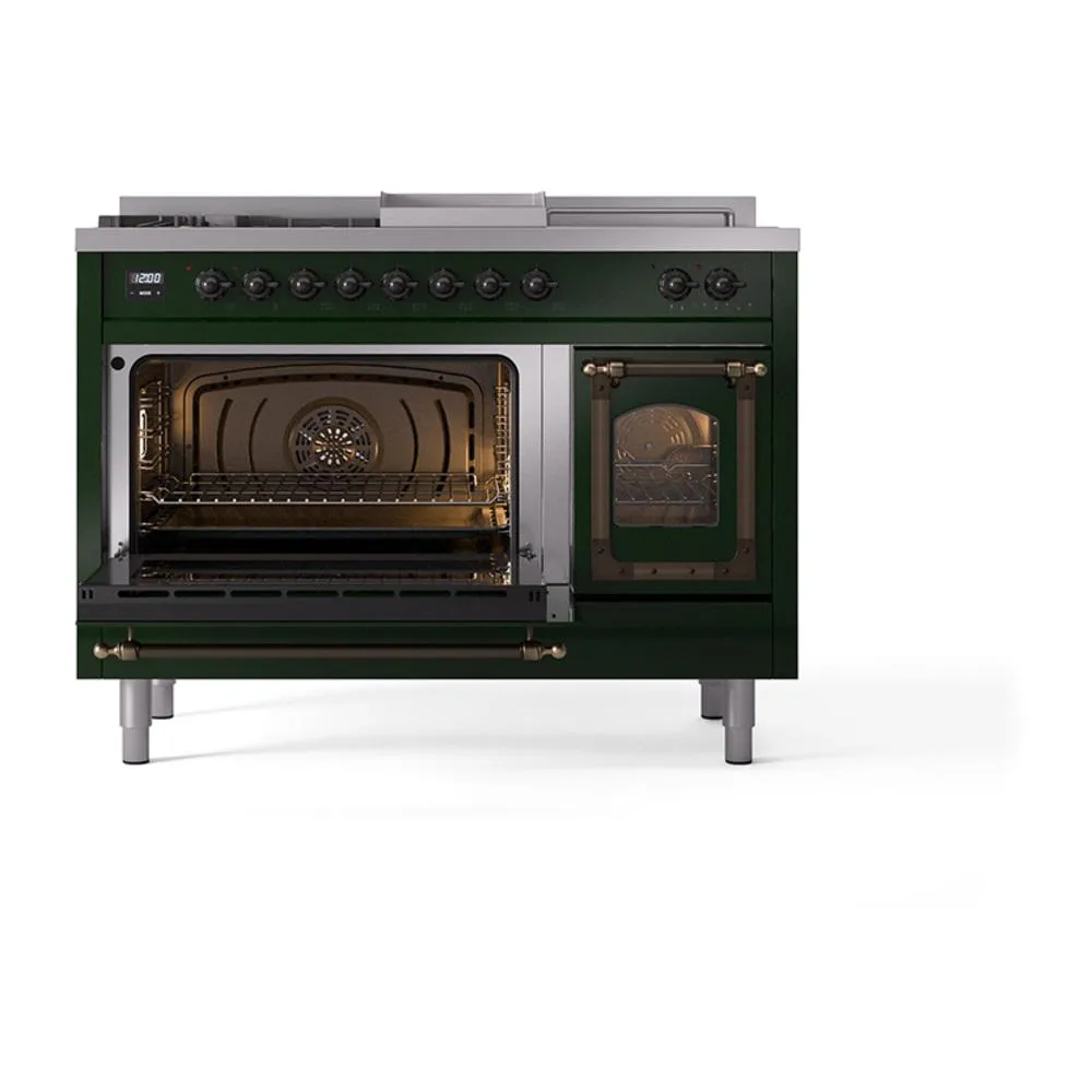 Ilve UN48FSNMPEGB Ilve Un48Fsnmpegb Nostalgie Ii Noblesse 48" Dual Fuel Range (5 Sealed Burners   Griddle   French Top, Natural Gas, Triple Glass Door, Emerald Green, Burnished)