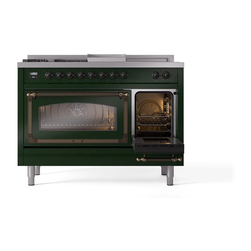 Ilve UN48FSNMPEGB Ilve Un48Fsnmpegb Nostalgie Ii Noblesse 48" Dual Fuel Range (5 Sealed Burners   Griddle   French Top, Natural Gas, Triple Glass Door, Emerald Green, Burnished)