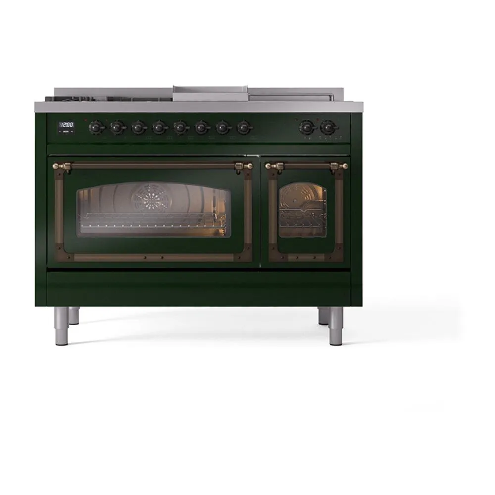 Ilve UN48FSNMPEGB Ilve Un48Fsnmpegb Nostalgie Ii Noblesse 48" Dual Fuel Range (5 Sealed Burners   Griddle   French Top, Natural Gas, Triple Glass Door, Emerald Green, Burnished)