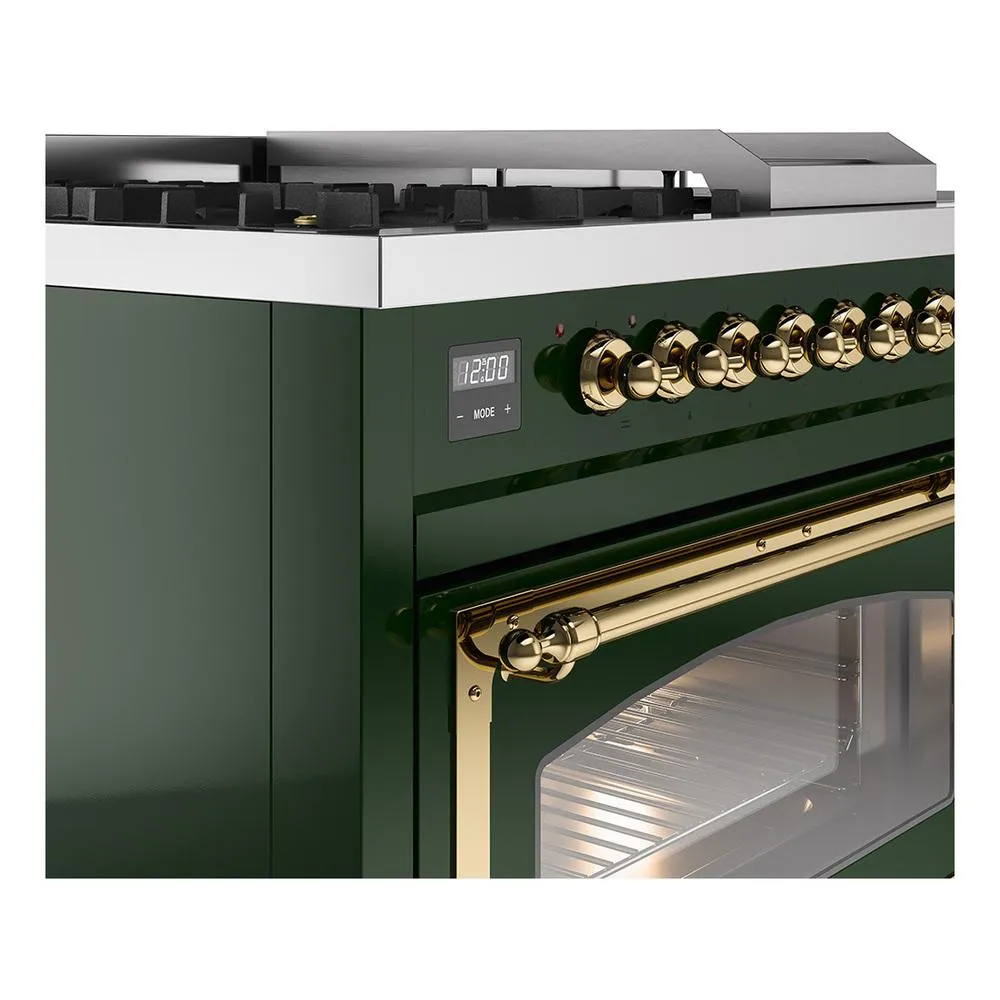 Ilve UN48FSNMPEGG Ilve Un48Fsnmpegg Nostalgie Ii Noblesse 48" Dual Fuel Range (5 Sealed Burners   Griddle   French Top, Natural Gas, Triple Glass Door, Emerald Green, Brass)