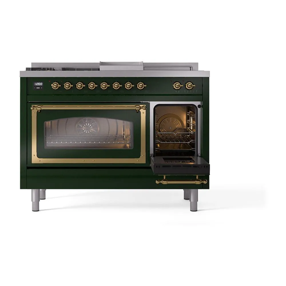 Ilve UN48FSNMPEGG Ilve Un48Fsnmpegg Nostalgie Ii Noblesse 48" Dual Fuel Range (5 Sealed Burners   Griddle   French Top, Natural Gas, Triple Glass Door, Emerald Green, Brass)