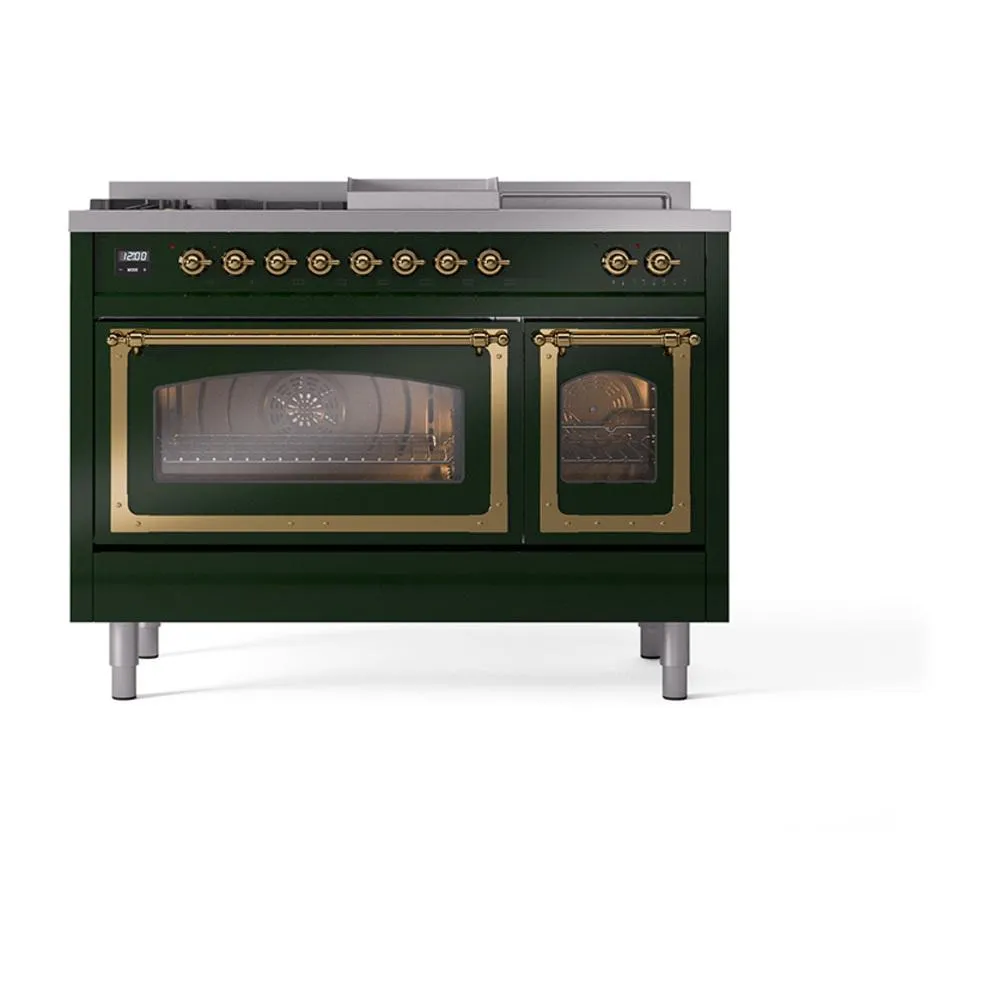 Ilve UN48FSNMPEGG Ilve Un48Fsnmpegg Nostalgie Ii Noblesse 48" Dual Fuel Range (5 Sealed Burners   Griddle   French Top, Natural Gas, Triple Glass Door, Emerald Green, Brass)