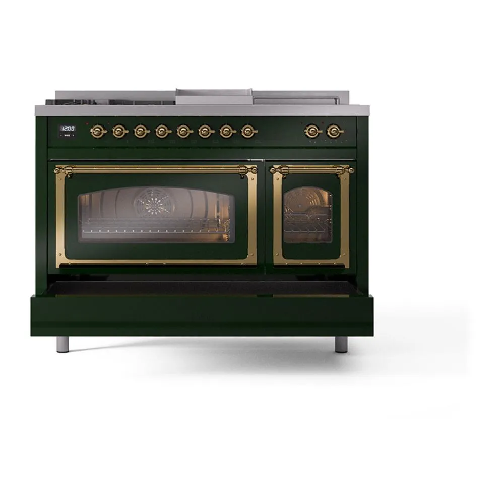 Ilve UN48FSNMPEGG Ilve Un48Fsnmpegg Nostalgie Ii Noblesse 48" Dual Fuel Range (5 Sealed Burners   Griddle   French Top, Natural Gas, Triple Glass Door, Emerald Green, Brass)