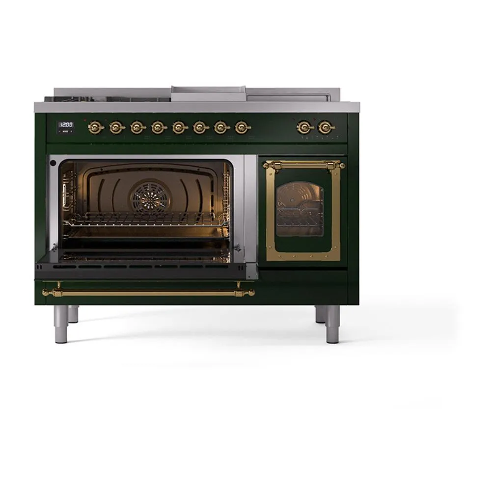 Ilve UN48FSNMPEGG Ilve Un48Fsnmpegg Nostalgie Ii Noblesse 48" Dual Fuel Range (5 Sealed Burners   Griddle   French Top, Natural Gas, Triple Glass Door, Emerald Green, Brass)