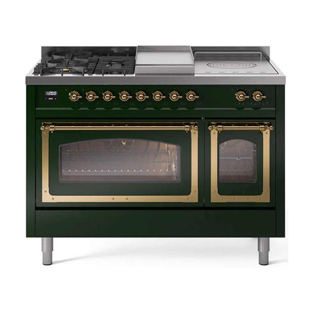 Ilve UN48FSNMPEGG Ilve Un48Fsnmpegg Nostalgie Ii Noblesse 48" Dual Fuel Range (5 Sealed Burners   Griddle   French Top, Natural Gas, Triple Glass Door, Emerald Green, Brass)