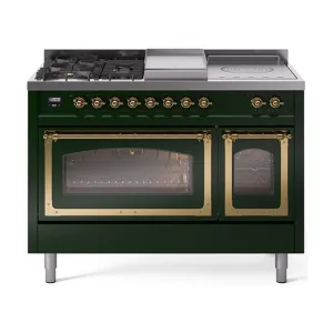 Ilve UN48FSNMPEGGLP Ilve Un48Fsnmpegglp Nostalgie Ii Noblesse 48" Dual Fuel Range (5 Sealed Burners   Griddle   French Top, Liquid Propane, Triple Glass Door, Emerald Green, Brass)