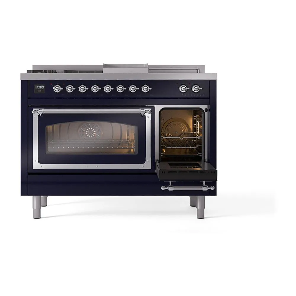 Ilve UN48FSNMPMBC Ilve Un48Fsnmpmbc Nostalgie Ii Noblesse 48" Dual Fuel Range (5 Sealed Burners   Griddle   French Top, Natural Gas, Triple Glass Door, Midnight Blue, Chrome)