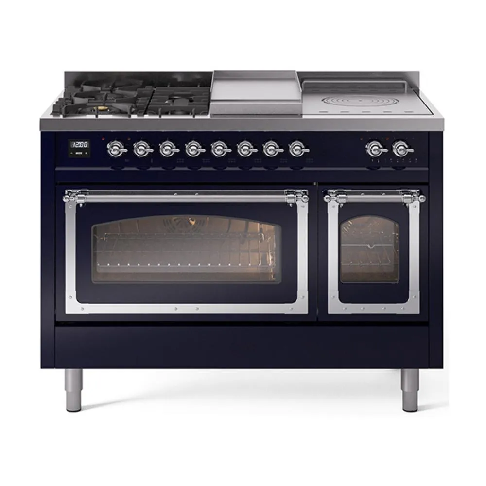 Ilve UN48FSNMPMBC Ilve Un48Fsnmpmbc Nostalgie Ii Noblesse 48" Dual Fuel Range (5 Sealed Burners   Griddle   French Top, Natural Gas, Triple Glass Door, Midnight Blue, Chrome)