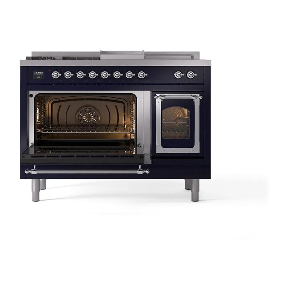 Ilve UN48FSNMPMBC Ilve Un48Fsnmpmbc Nostalgie Ii Noblesse 48" Dual Fuel Range (5 Sealed Burners   Griddle   French Top, Natural Gas, Triple Glass Door, Midnight Blue, Chrome)