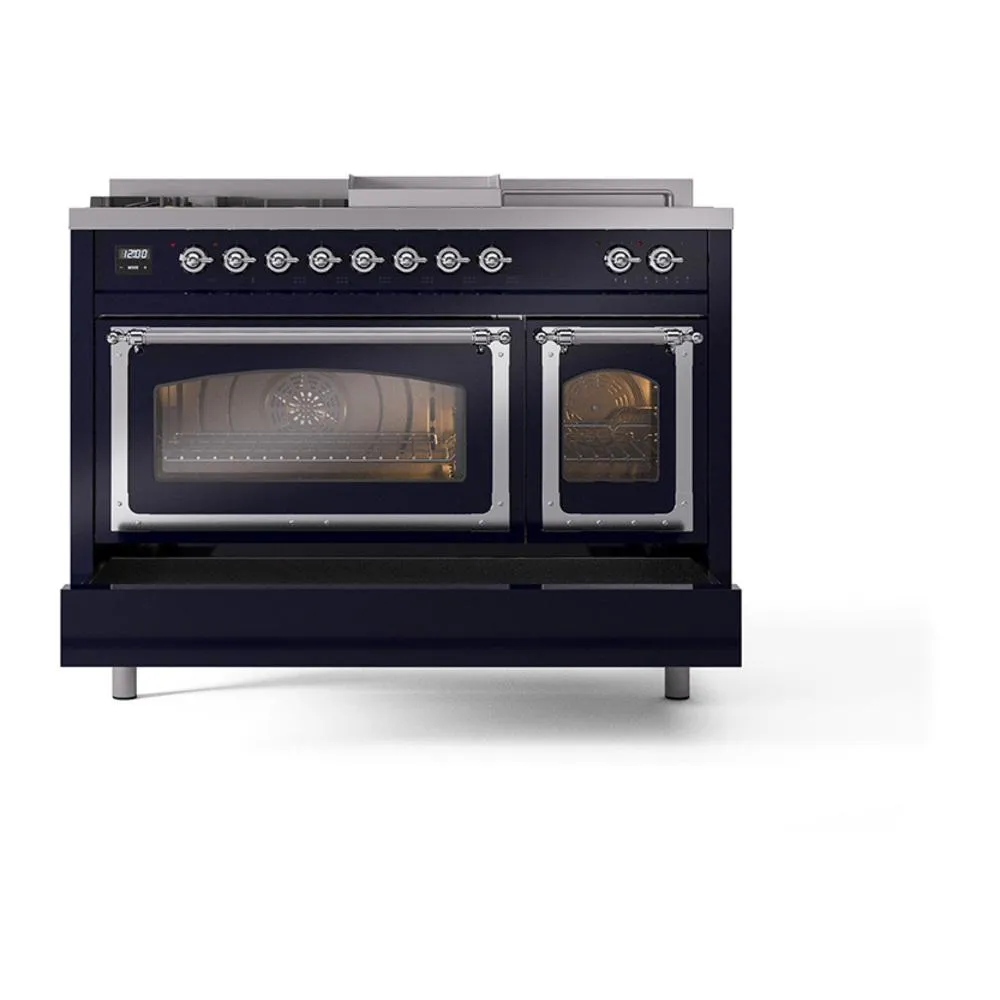 Ilve UN48FSNMPMBC Ilve Un48Fsnmpmbc Nostalgie Ii Noblesse 48" Dual Fuel Range (5 Sealed Burners   Griddle   French Top, Natural Gas, Triple Glass Door, Midnight Blue, Chrome)