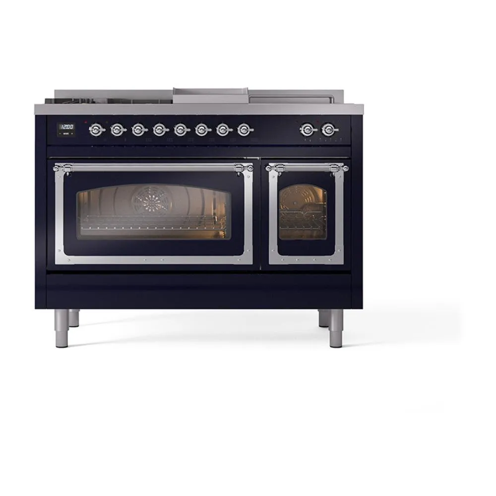 Ilve UN48FSNMPMBC Ilve Un48Fsnmpmbc Nostalgie Ii Noblesse 48" Dual Fuel Range (5 Sealed Burners   Griddle   French Top, Natural Gas, Triple Glass Door, Midnight Blue, Chrome)