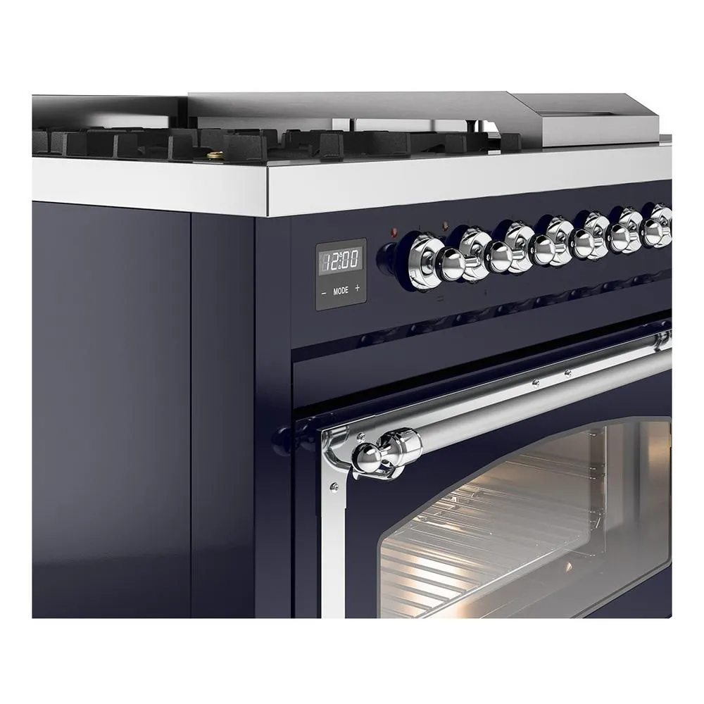 Ilve UN48FSNMPMBCLP Ilve Un48Fsnmpmbclp Nostalgie Ii Noblesse 48" Dual Fuel Range (5 Sealed Burners   Griddle   French Top, Liquid Propane, Triple Glass Door, Midnight Blue, Chrome)