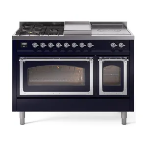 Ilve UN48FSNMPMBCLP Ilve Un48Fsnmpmbclp Nostalgie Ii Noblesse 48" Dual Fuel Range (5 Sealed Burners   Griddle   French Top, Liquid Propane, Triple Glass Door, Midnight Blue, Chrome)