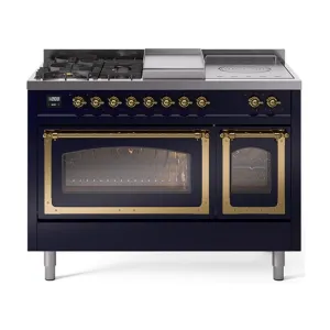 Ilve UN48FSNMPMBGLP Ilve Un48Fsnmpmbglp Nostalgie Ii Noblesse 48" Dual Fuel Range (5 Sealed Burners   Griddle   French Top, Liquid Propane, Triple Glass Door, Midnight Blue, Brass)