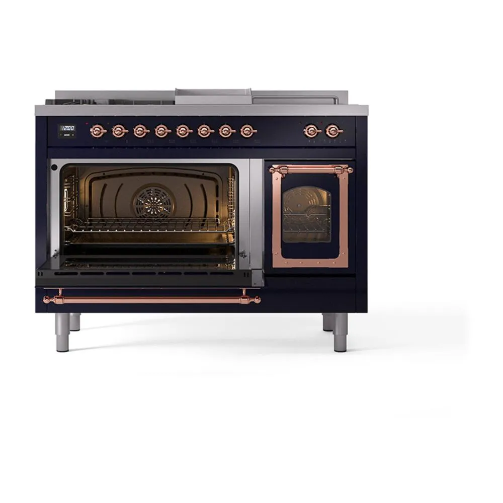 Ilve UN48FSNMPMBPLP Ilve Un48Fsnmpmbplp Nostalgie Ii Noblesse 48" Dual Fuel Range (5 Sealed Burners   Griddle   French Top, Liquid Propane, Triple Glass Door, Midnight Blue, Copper)