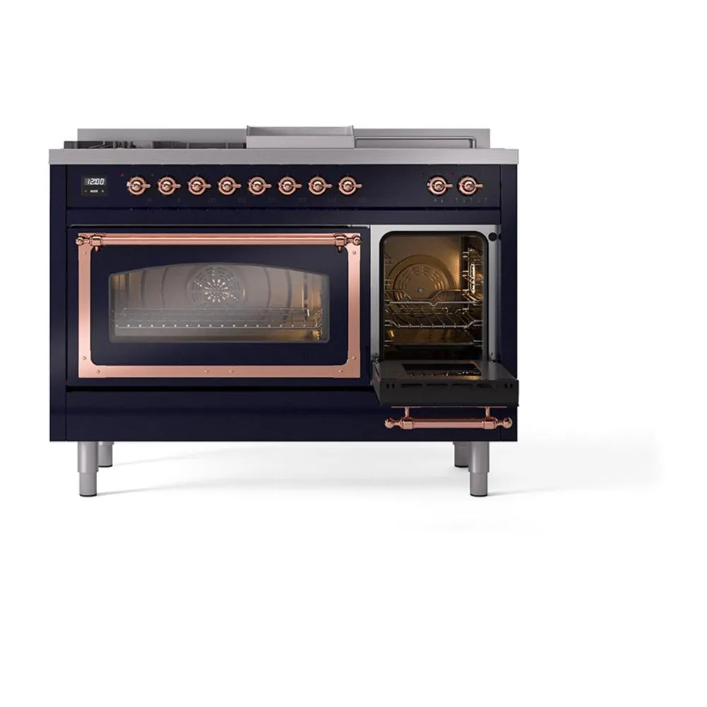 Ilve UN48FSNMPMBPLP Ilve Un48Fsnmpmbplp Nostalgie Ii Noblesse 48" Dual Fuel Range (5 Sealed Burners   Griddle   French Top, Liquid Propane, Triple Glass Door, Midnight Blue, Copper)