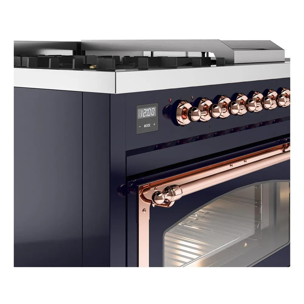 Ilve UN48FSNMPMBPLP Ilve Un48Fsnmpmbplp Nostalgie Ii Noblesse 48" Dual Fuel Range (5 Sealed Burners   Griddle   French Top, Liquid Propane, Triple Glass Door, Midnight Blue, Copper)