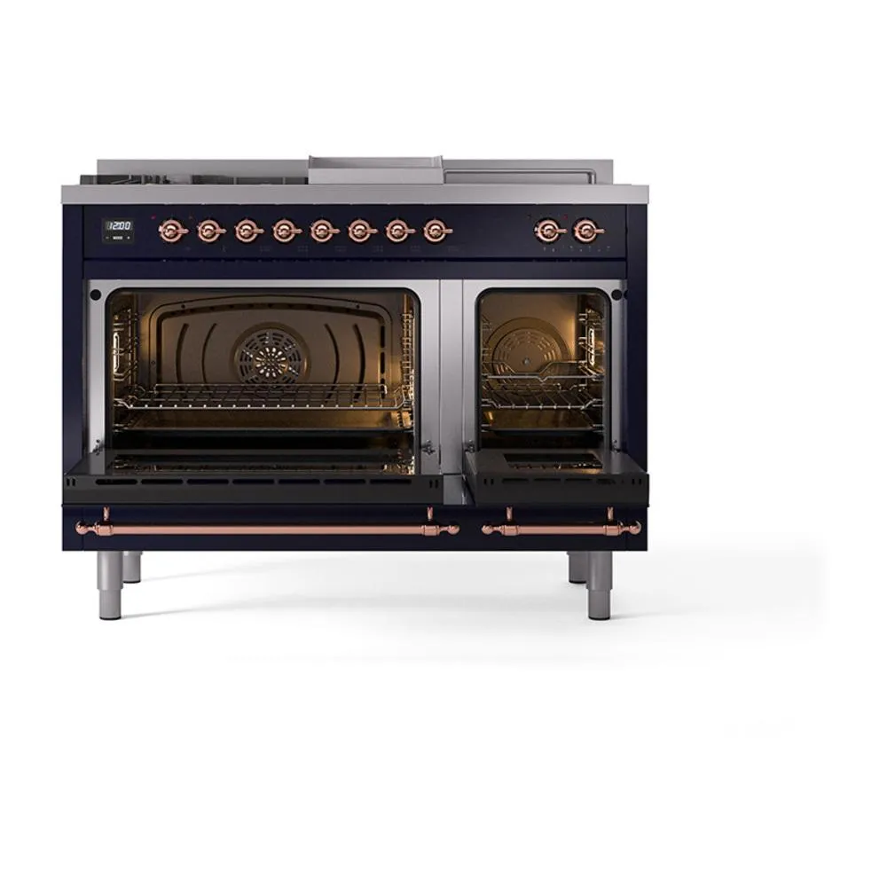 Ilve UN48FSNMPMBPLP Ilve Un48Fsnmpmbplp Nostalgie Ii Noblesse 48" Dual Fuel Range (5 Sealed Burners   Griddle   French Top, Liquid Propane, Triple Glass Door, Midnight Blue, Copper)