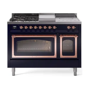 Ilve UN48FSNMPMBPLP Ilve Un48Fsnmpmbplp Nostalgie Ii Noblesse 48" Dual Fuel Range (5 Sealed Burners   Griddle   French Top, Liquid Propane, Triple Glass Door, Midnight Blue, Copper)