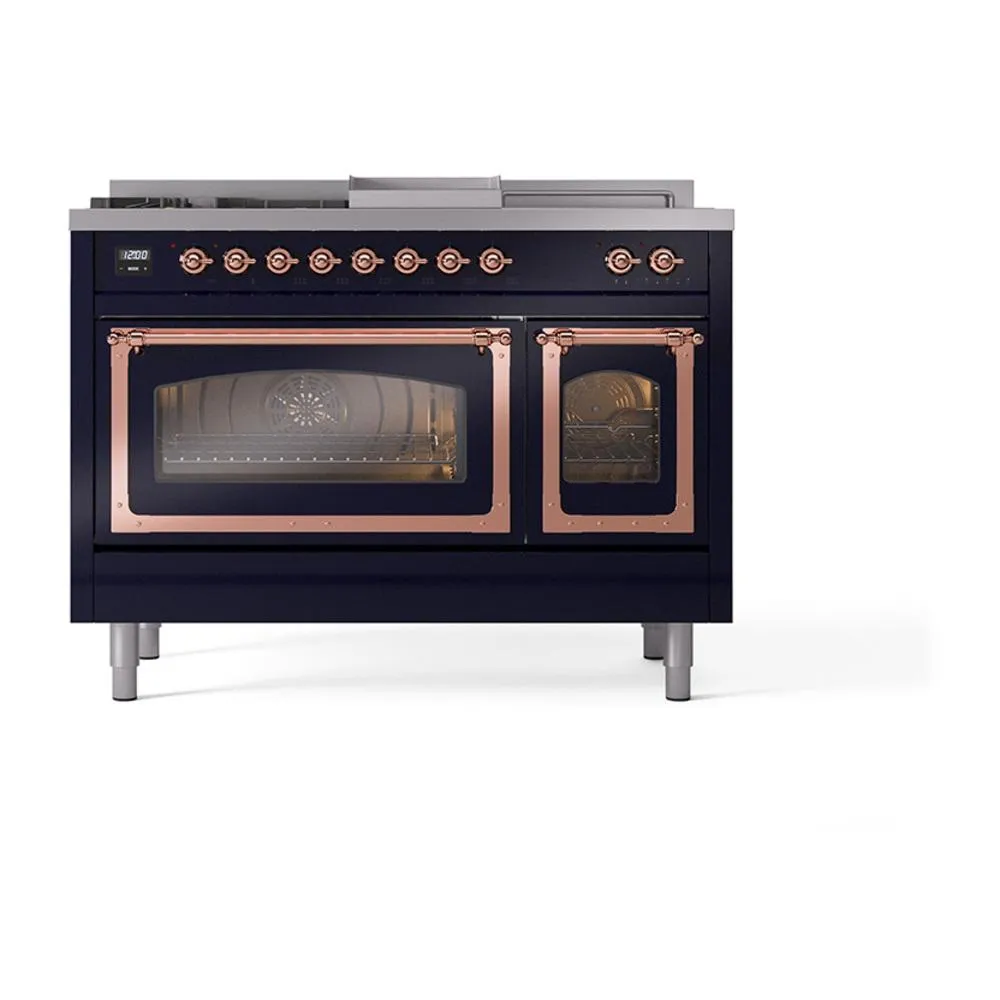 Ilve UN48FSNMPMBPLP Ilve Un48Fsnmpmbplp Nostalgie Ii Noblesse 48" Dual Fuel Range (5 Sealed Burners   Griddle   French Top, Liquid Propane, Triple Glass Door, Midnight Blue, Copper)