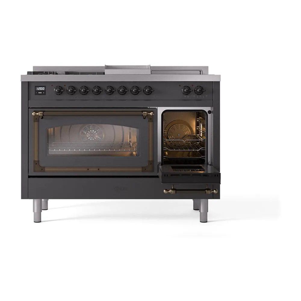 Ilve UN48FSNMPMGB Ilve Un48Fsnmpmgb Nostalgie Ii Noblesse 48" Dual Fuel Range (5 Sealed Burners   Griddle   French Top, Natural Gas, Triple Glass Door, Graphite Matte, Burnished)