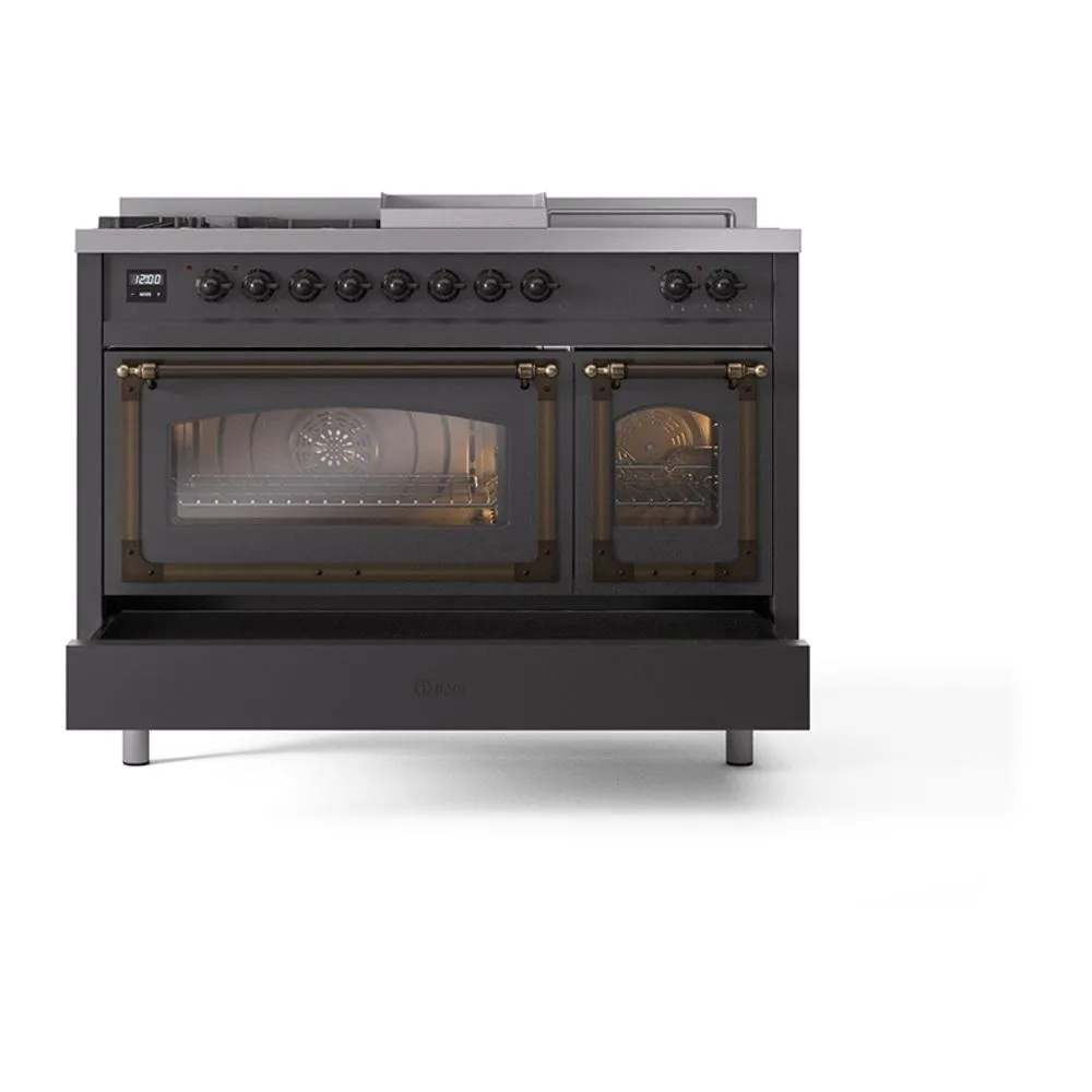 Ilve UN48FSNMPMGB Ilve Un48Fsnmpmgb Nostalgie Ii Noblesse 48" Dual Fuel Range (5 Sealed Burners   Griddle   French Top, Natural Gas, Triple Glass Door, Graphite Matte, Burnished)