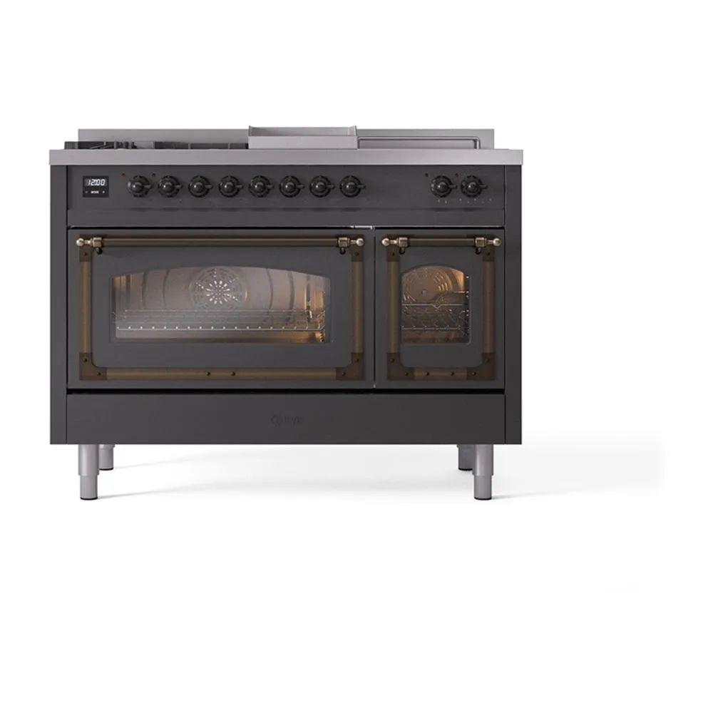 Ilve UN48FSNMPMGB Ilve Un48Fsnmpmgb Nostalgie Ii Noblesse 48" Dual Fuel Range (5 Sealed Burners   Griddle   French Top, Natural Gas, Triple Glass Door, Graphite Matte, Burnished)