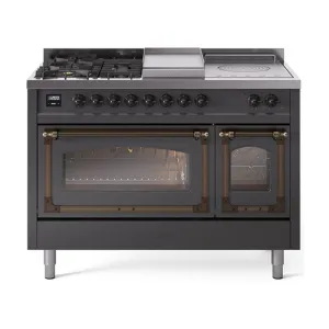 Ilve UN48FSNMPMGBLP Ilve Un48Fsnmpmgblp Nostalgie Ii Noblesse 48" Dual Fuel Range (5 Sealed Burners   Griddle   French Top, Liquid Propane, Triple Glass Door, Graphite Matte, Burnished)