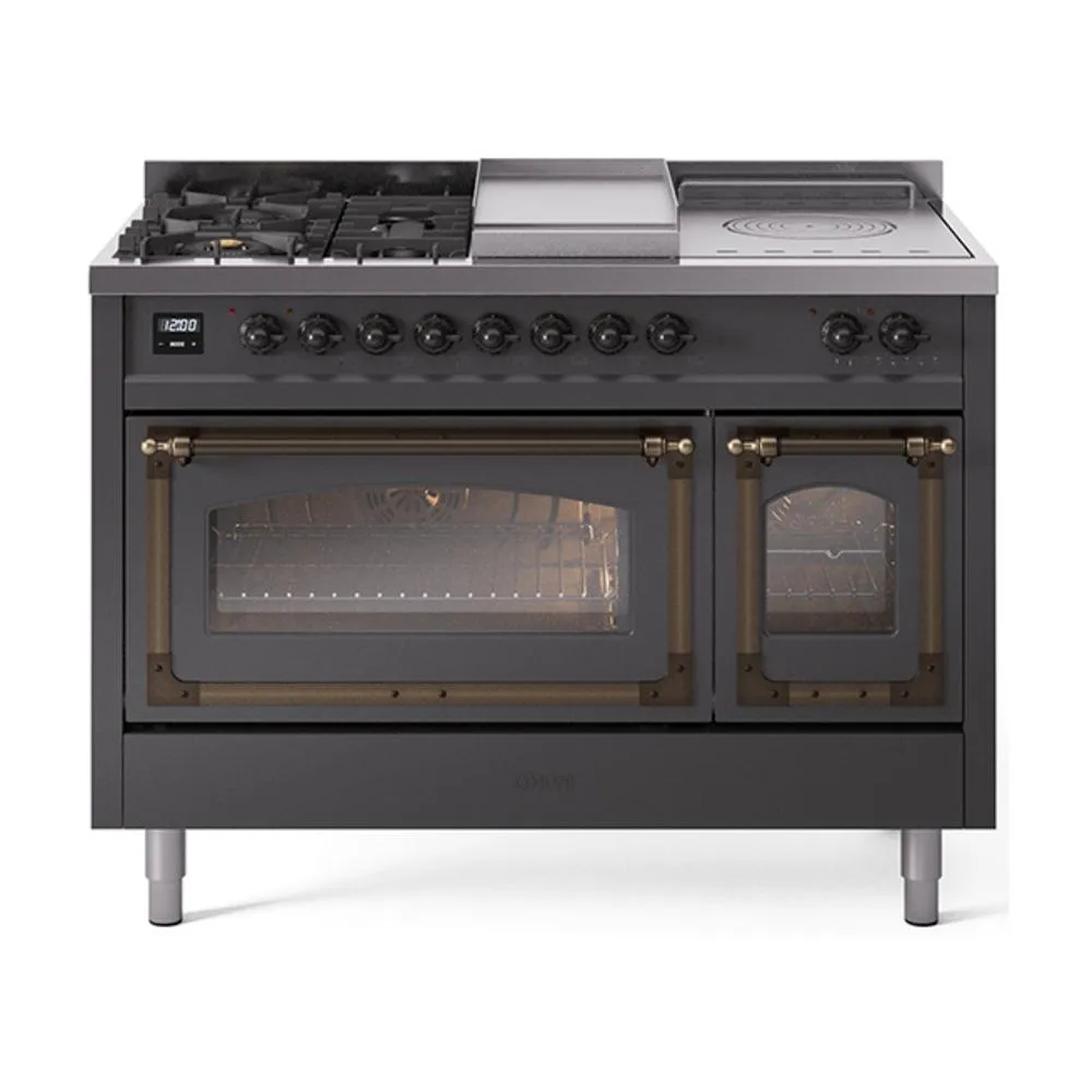 Ilve UN48FSNMPMGBLP Ilve Un48Fsnmpmgblp Nostalgie Ii Noblesse 48" Dual Fuel Range (5 Sealed Burners   Griddle   French Top, Liquid Propane, Triple Glass Door, Graphite Matte, Burnished)