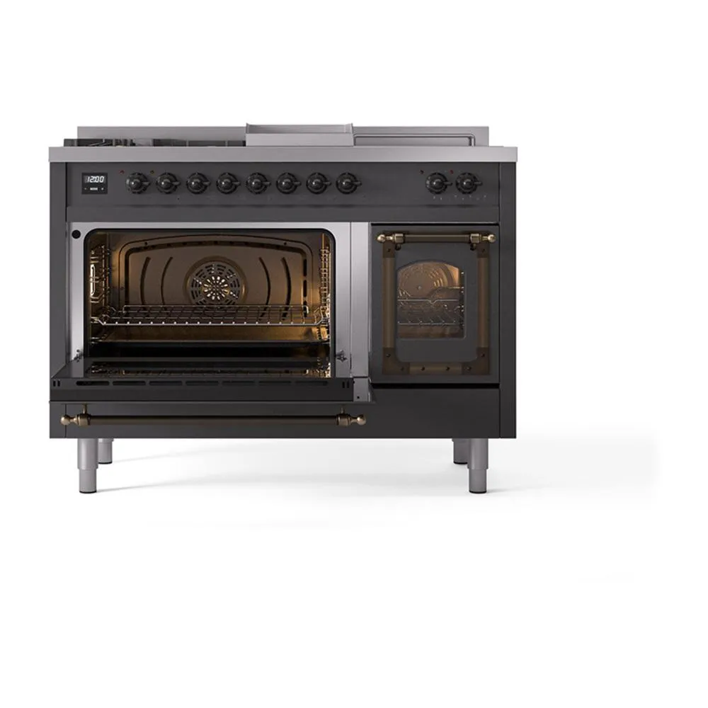 Ilve UN48FSNMPMGBLP Ilve Un48Fsnmpmgblp Nostalgie Ii Noblesse 48" Dual Fuel Range (5 Sealed Burners   Griddle   French Top, Liquid Propane, Triple Glass Door, Graphite Matte, Burnished)