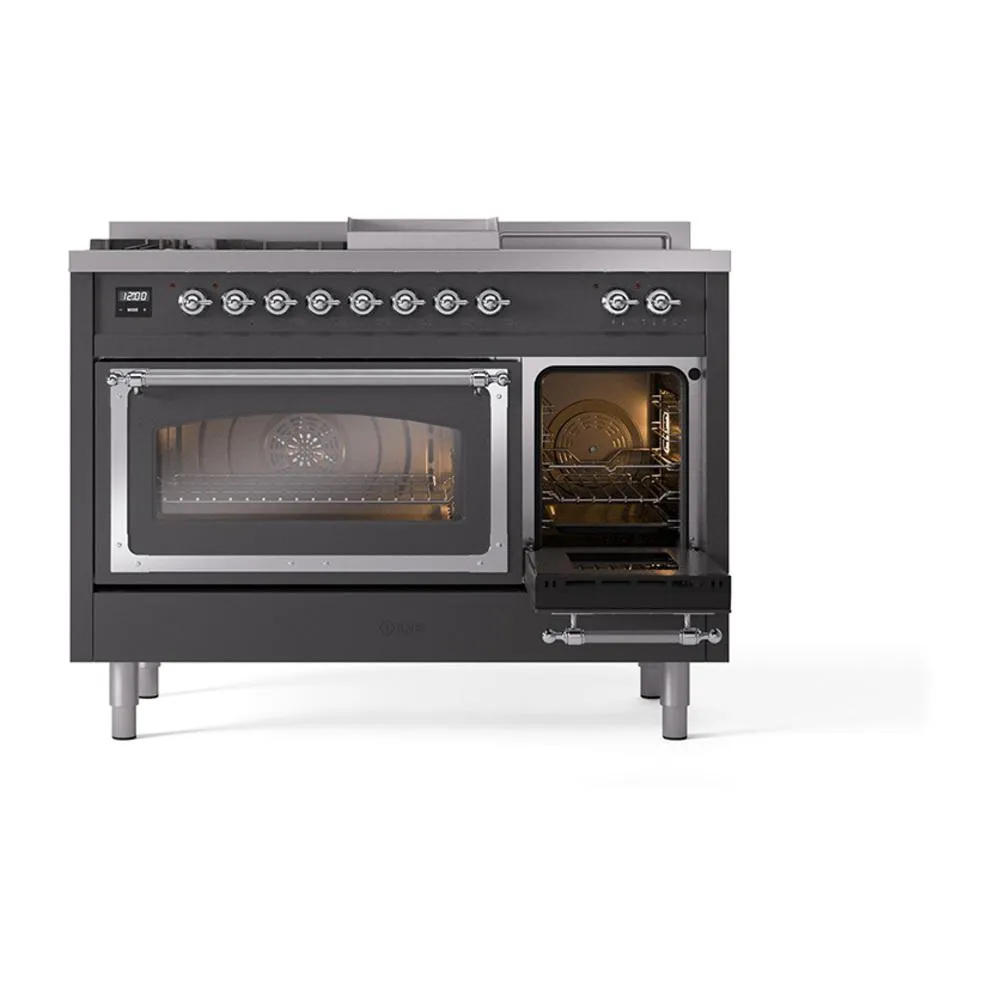 Ilve UN48FSNMPMGCLP Ilve Un48Fsnmpmgclp Nostalgie Ii Noblesse 48" Dual Fuel Range (5 Sealed Burners   Griddle   French Top, Liquid Propane, Triple Glass Door, Graphite Matte, Chrome)