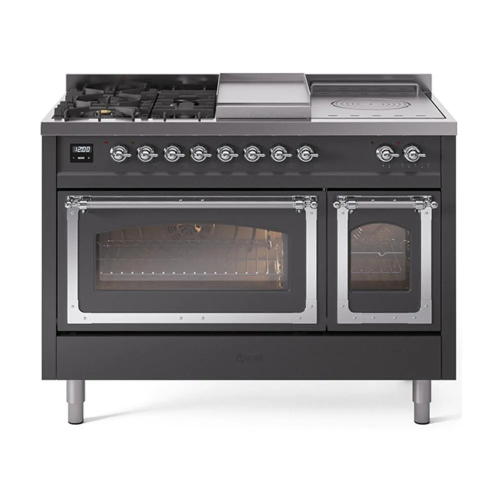 Ilve UN48FSNMPMGCLP Ilve Un48Fsnmpmgclp Nostalgie Ii Noblesse 48" Dual Fuel Range (5 Sealed Burners   Griddle   French Top, Liquid Propane, Triple Glass Door, Graphite Matte, Chrome)