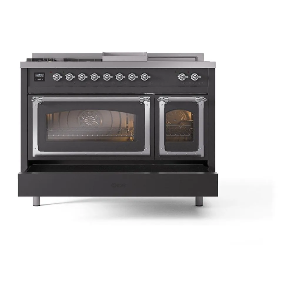 Ilve UN48FSNMPMGCLP Ilve Un48Fsnmpmgclp Nostalgie Ii Noblesse 48" Dual Fuel Range (5 Sealed Burners   Griddle   French Top, Liquid Propane, Triple Glass Door, Graphite Matte, Chrome)